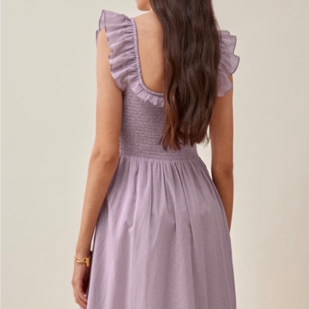 REFORMATION Noreen Smocked Ruffle Dress Midi Organic Cotton Lilac - Picture 2 of 14